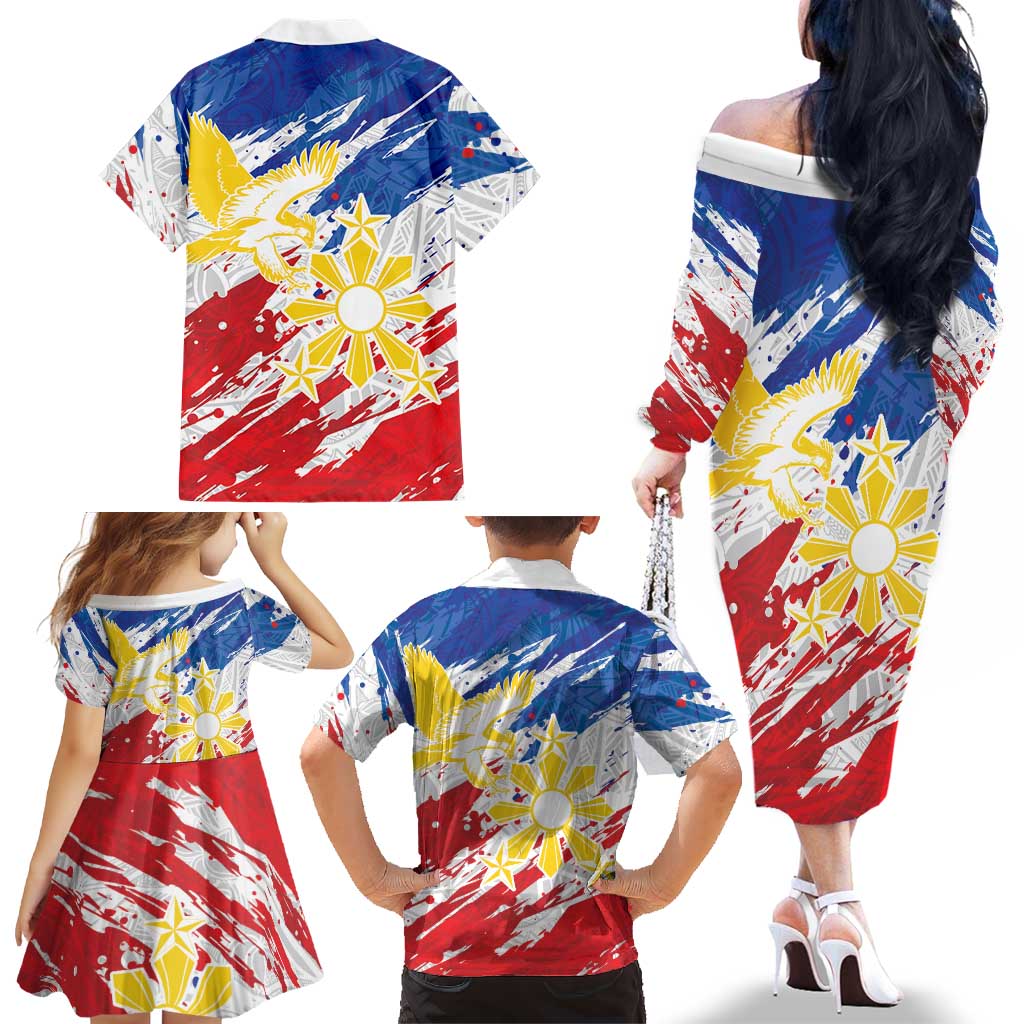 Personalized Filipino Sun and Stars Family Matching Off The Shoulder Long Sleeve Dress and Hawaiian Shirt Grunge Vibes