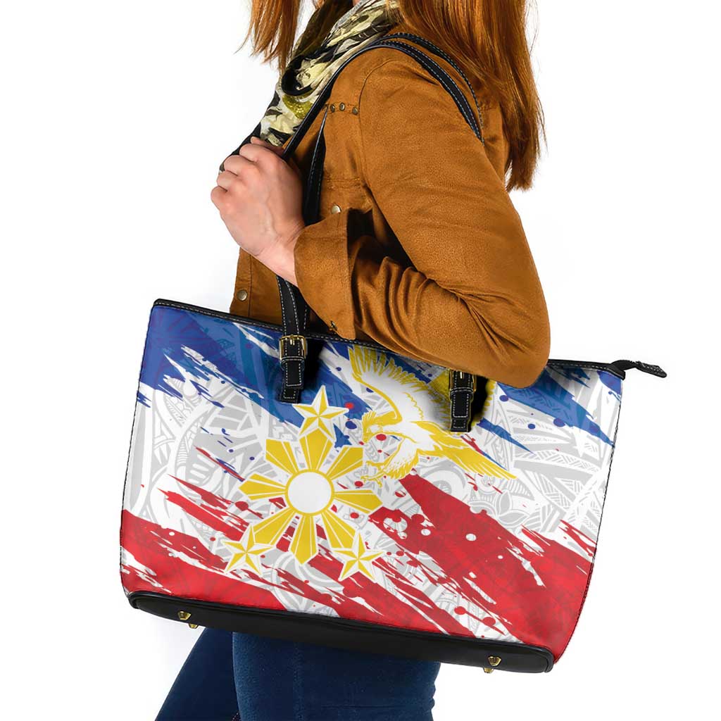 Filipino Sun and Stars Leather Tote Bag Grunge Vibes LT7 White - Polynesian Pride