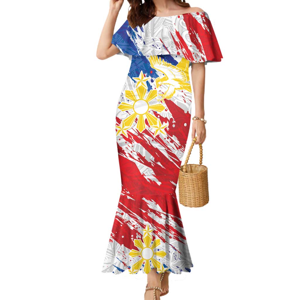 Personalized Filipino Sun and Stars Mermaid Dress Grunge Vibes LT7 Women White - Polynesian Pride