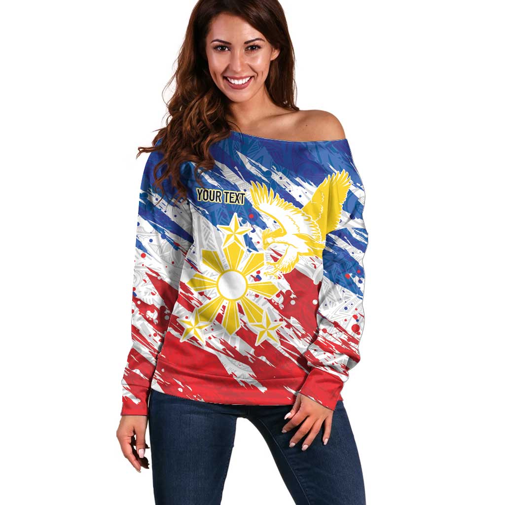Personalized Filipino Sun and Stars Off Shoulder Sweater Grunge Vibes LT7 Women White - Polynesian Pride