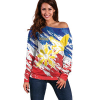 Personalized Filipino Sun and Stars Off Shoulder Sweater Grunge Vibes LT7 Women White - Polynesian Pride