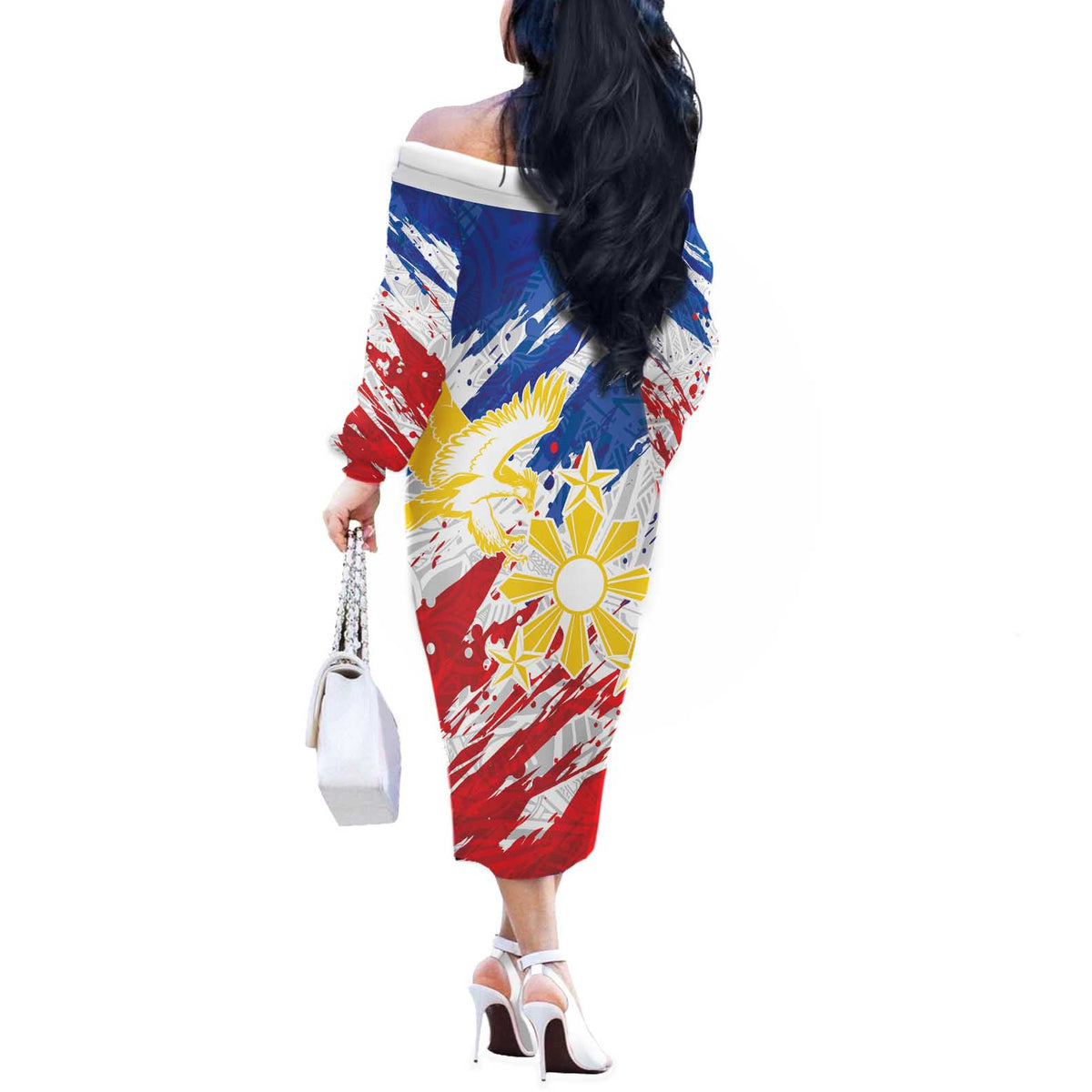 Personalized Filipino Sun and Stars Off The Shoulder Long Sleeve Dress Grunge Vibes LT7 - Polynesian Pride