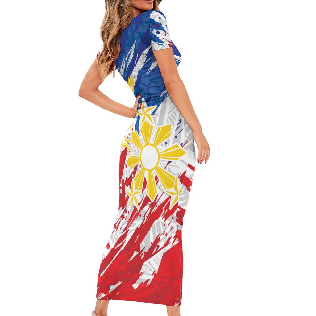 Personalized Filipino Sun and Stars Short Sleeve Bodycon Dress Grunge Vibes LT7 - Polynesian Pride