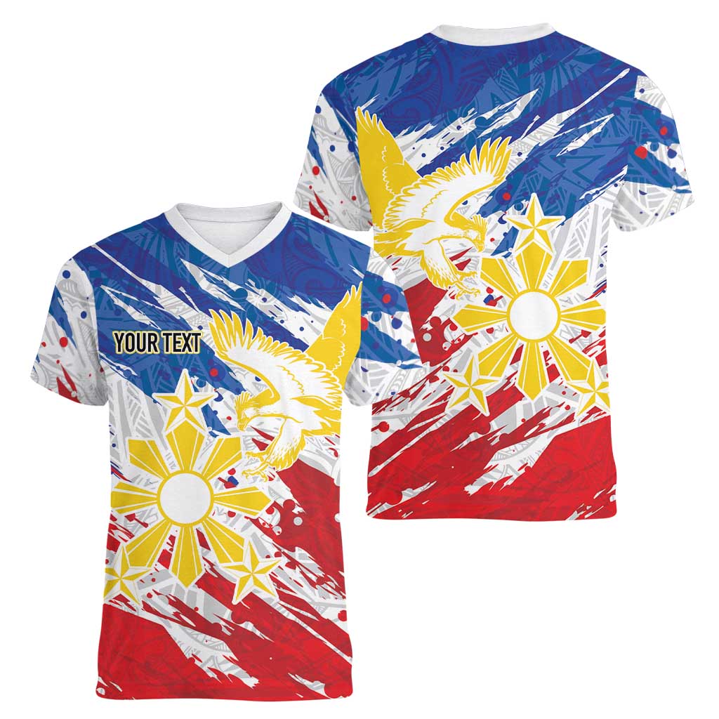 Personalized Filipino Sun and Stars Women V-Neck T-Shirt Grunge Vibes LT7 - Polynesian Pride