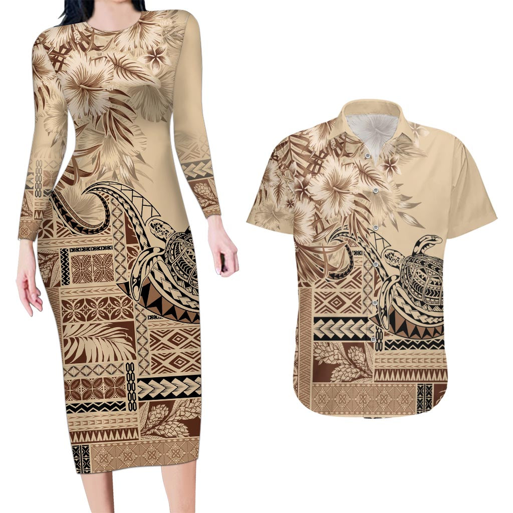 Vaiaso o le Gagana Samoa Couples Matching Long Sleeve Bodycon Dress and Hawaiian Shirt Siapo Motif Beige