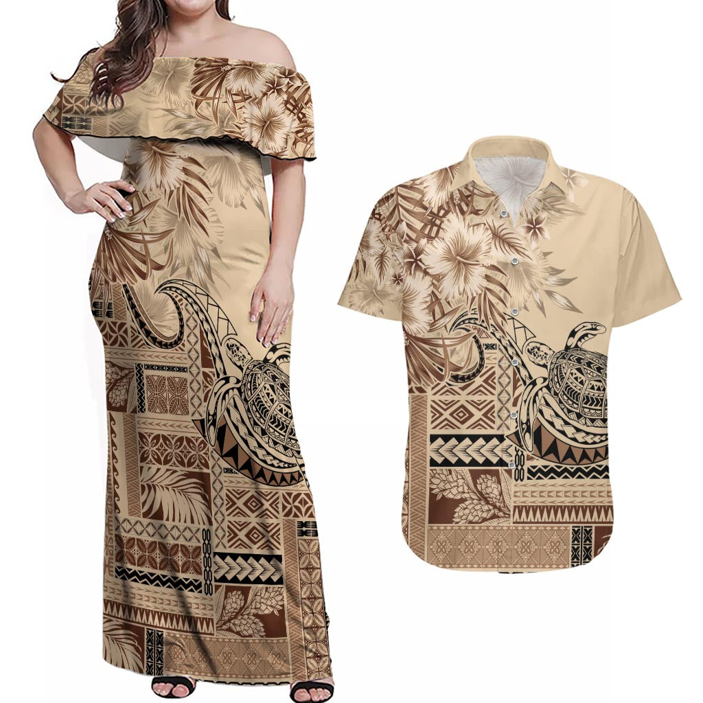 Vaiaso o le Gagana Samoa Couples Matching Off Shoulder Maxi Dress and Hawaiian Shirt Siapo Motif Beige