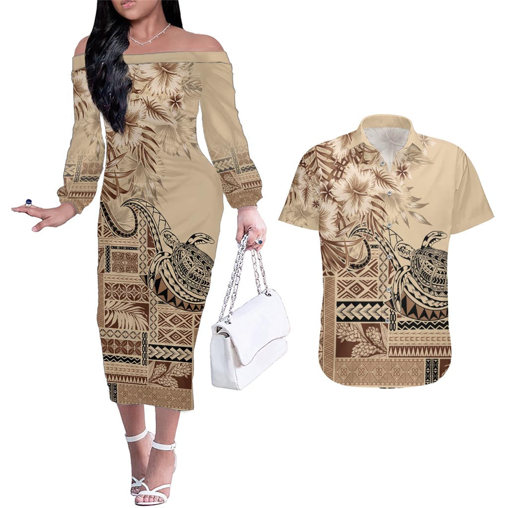 Vaiaso o le Gagana Samoa Couples Matching Off The Shoulder Long Sleeve Dress and Hawaiian Shirt Siapo Motif Beige