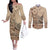 Vaiaso o le Gagana Samoa Couples Matching Off The Shoulder Long Sleeve Dress and Long Sleeve Button Shirt Siapo Motif Beige