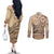 Vaiaso o le Gagana Samoa Couples Matching Off The Shoulder Long Sleeve Dress and Long Sleeve Button Shirt Siapo Motif Beige