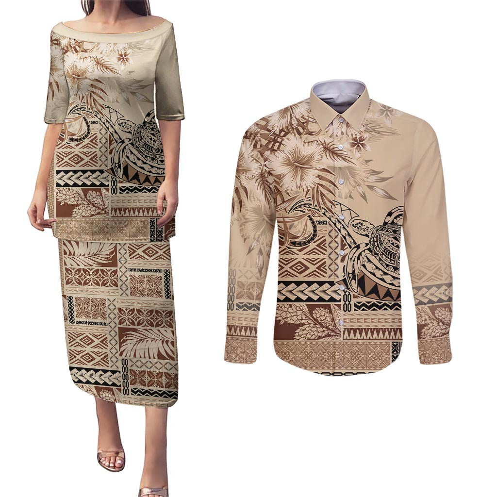 Vaiaso o le Gagana Samoa Couples Matching Puletasi and Long Sleeve Button Shirt Siapo Motif Beige