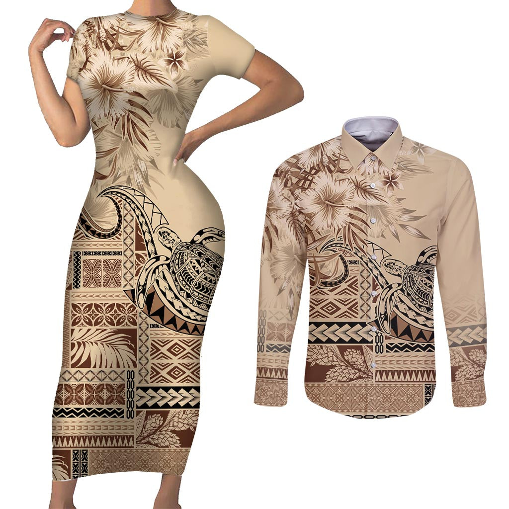 Vaiaso o le Gagana Samoa Couples Matching Short Sleeve Bodycon Dress and Long Sleeve Button Shirt Siapo Motif Beige