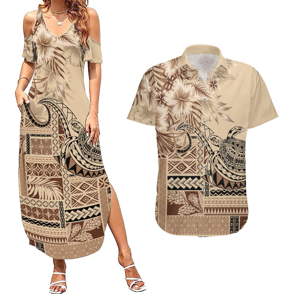 Vaiaso o le Gagana Samoa Couples Matching Summer Maxi Dress and Hawaiian Shirt Siapo Motif Beige