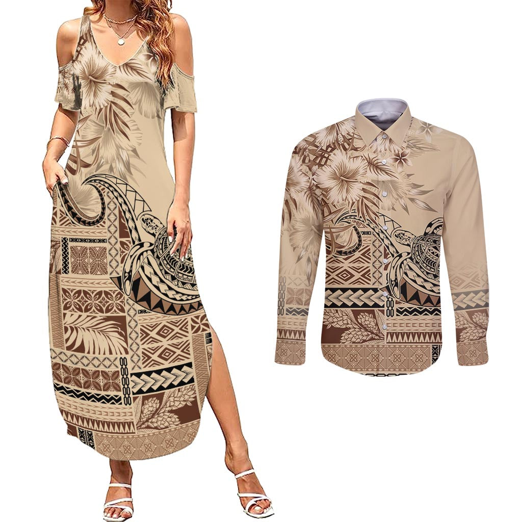 Vaiaso o le Gagana Samoa Couples Matching Summer Maxi Dress and Long Sleeve Button Shirt Siapo Motif Beige