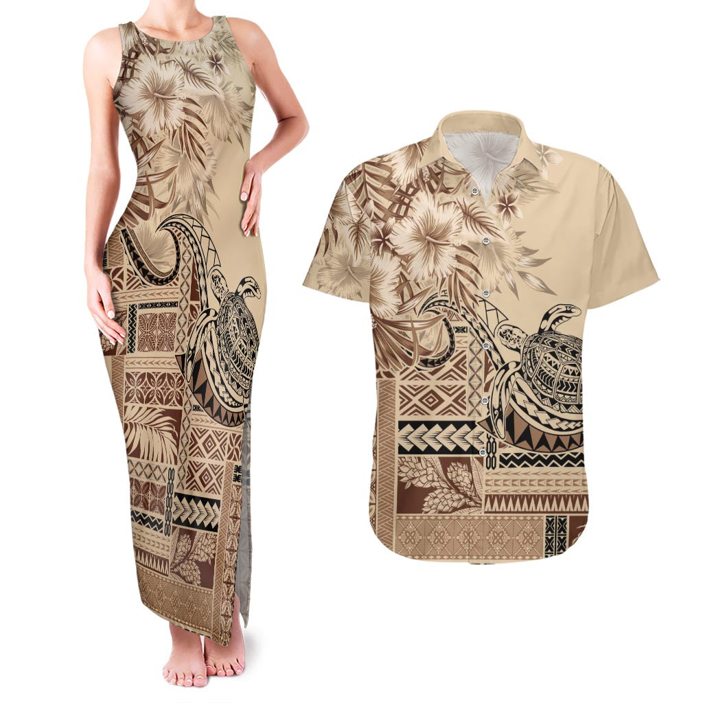 Vaiaso o le Gagana Samoa Couples Matching Tank Maxi Dress and Hawaiian Shirt Siapo Motif Beige