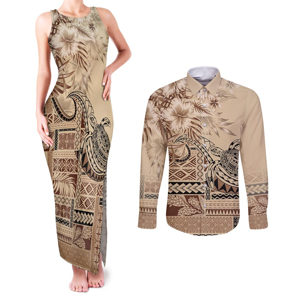 Vaiaso o le Gagana Samoa Couples Matching Tank Maxi Dress and Long Sleeve Button Shirt Siapo Motif Beige