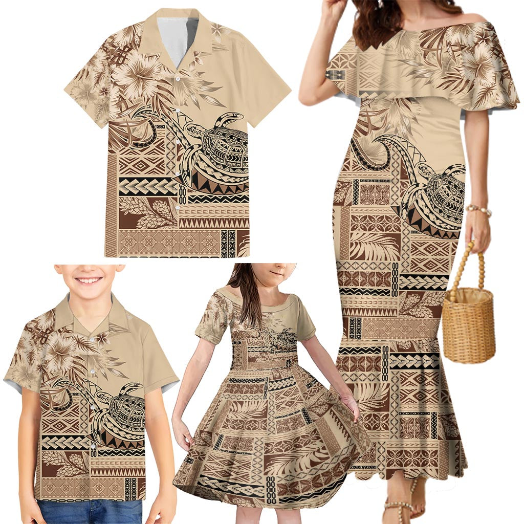 Vaiaso o le Gagana Samoa Family Matching Mermaid Dress and Hawaiian Shirt Siapo Motif Beige