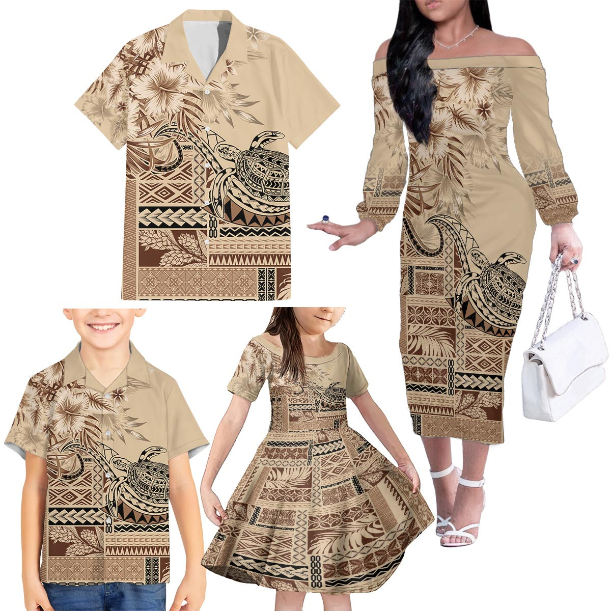 Vaiaso o le Gagana Samoa Family Matching Off The Shoulder Long Sleeve Dress and Hawaiian Shirt Siapo Motif Beige