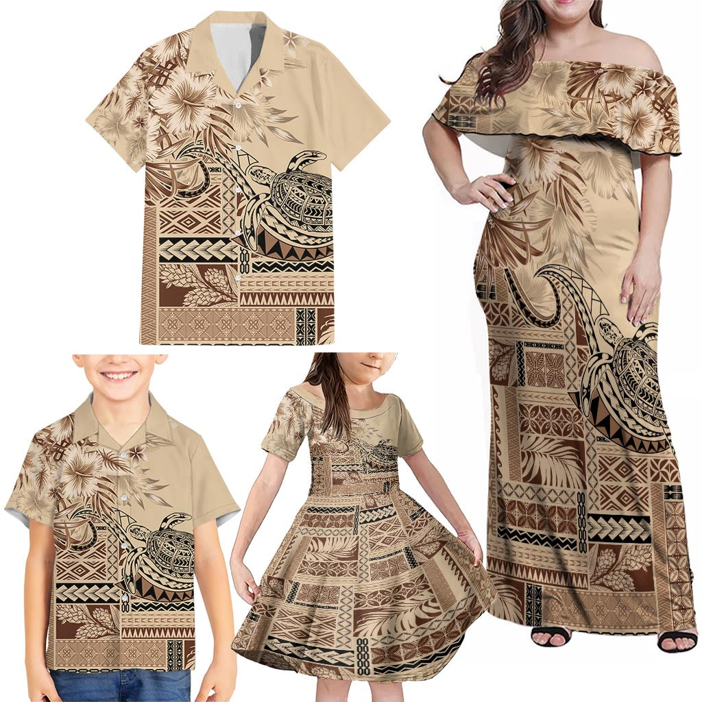 Vaiaso o le Gagana Samoa Family Matching Off Shoulder Maxi Dress and Hawaiian Shirt Siapo Motif Beige