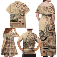 Vaiaso o le Gagana Samoa Family Matching Off Shoulder Maxi Dress and Hawaiian Shirt Siapo Motif Beige