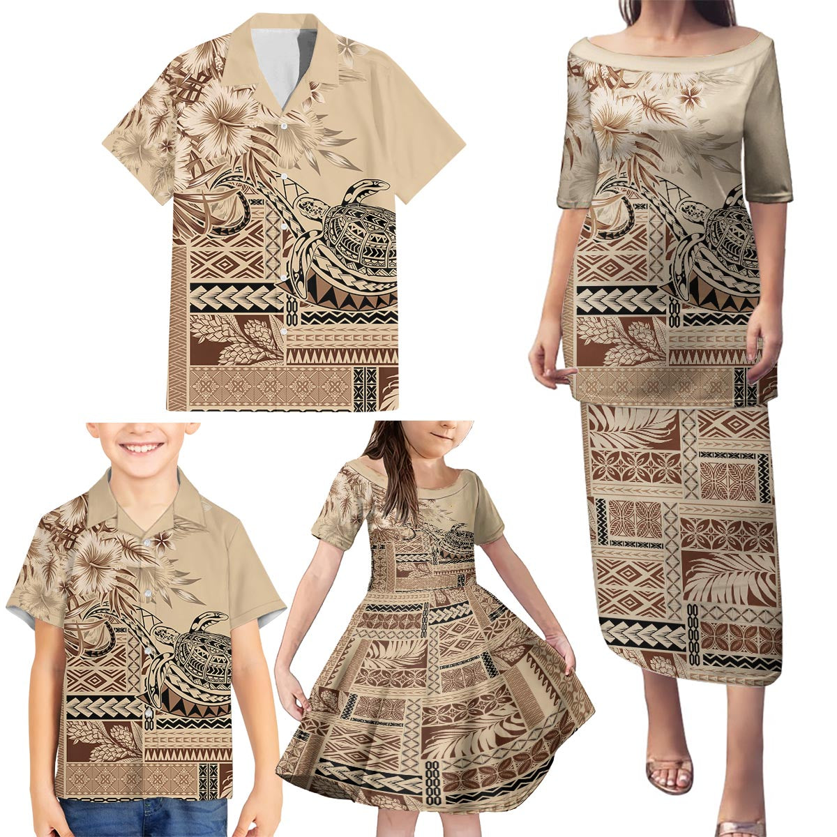 Vaiaso o le Gagana Samoa Family Matching Puletasi and Hawaiian Shirt Siapo Motif Beige