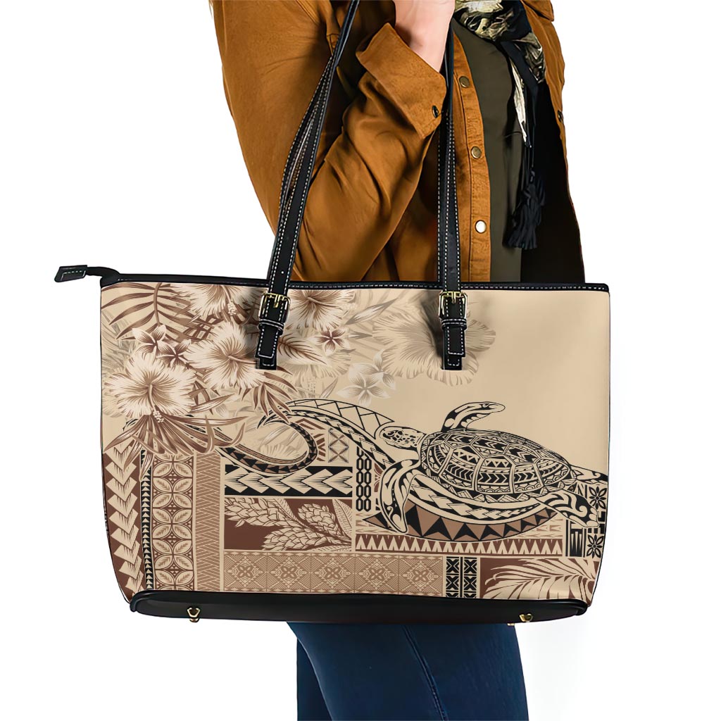 Vaiaso o le Gagana Samoa Leather Tote Bag Siapo Motif Beige