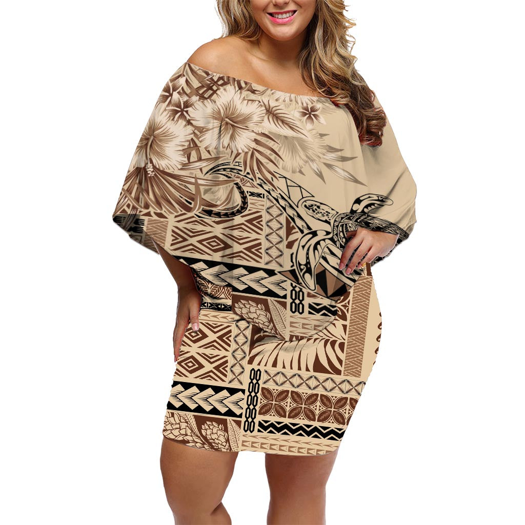 Vaiaso o le Gagana Samoa Off Shoulder Short Dress Siapo Motif Beige