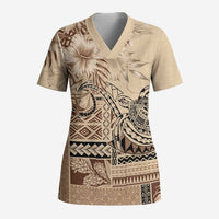 Vaiaso o le Gagana Samoa Scrub Top Siapo Motif Beige - Polynesian Pride