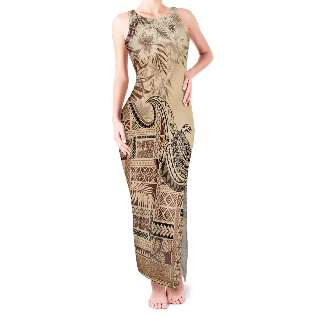 Vaiaso o le Gagana Samoa Tank Maxi Dress Siapo Motif Beige