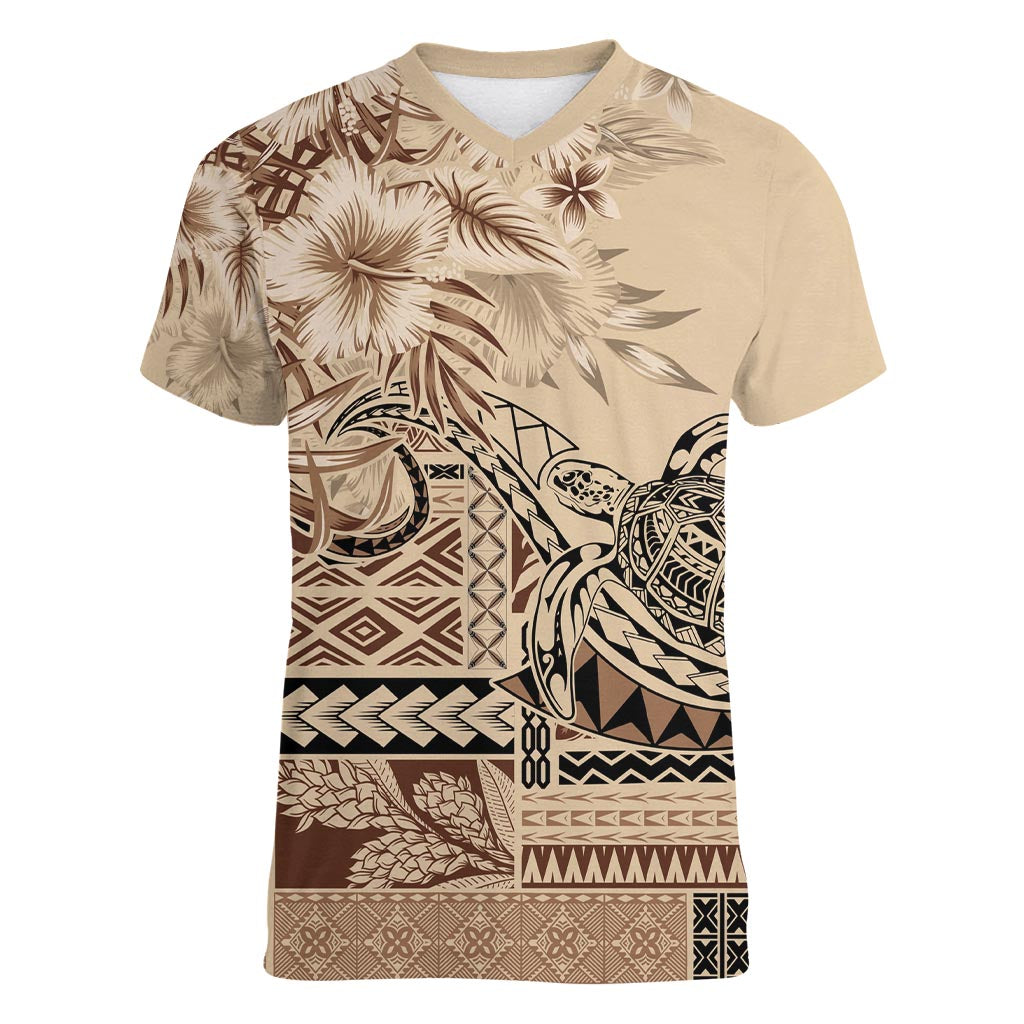 Vaiaso o le Gagana Samoa Women V-Neck T-Shirt Siapo Motif Beige