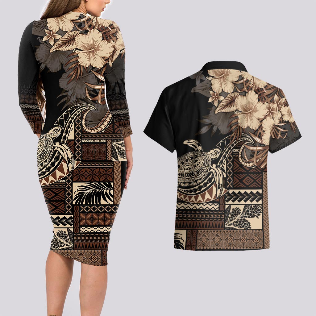 Vaiaso o le Gagana Samoa Couples Matching Long Sleeve Bodycon Dress and Hawaiian Shirt Siapo Motif Black
