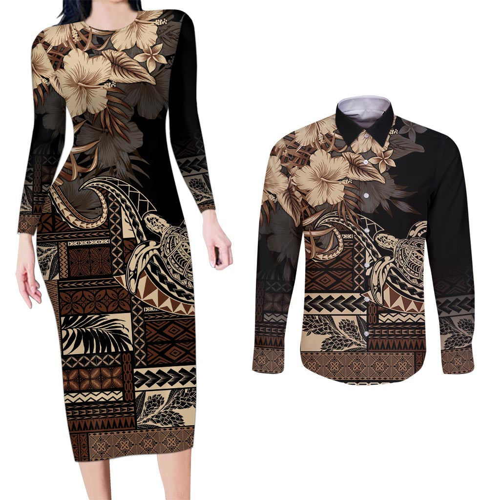 Vaiaso o le Gagana Samoa Couples Matching Long Sleeve Bodycon Dress and Long Sleeve Button Shirt Siapo Motif Black