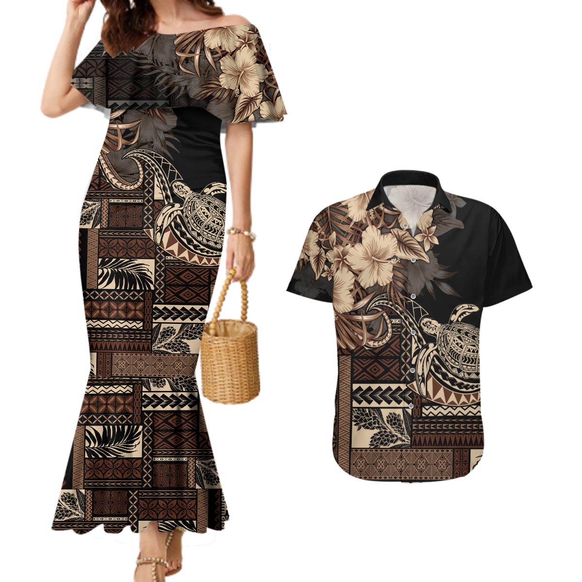 Vaiaso o le Gagana Samoa Couples Matching Mermaid Dress and Hawaiian Shirt Siapo Motif Black