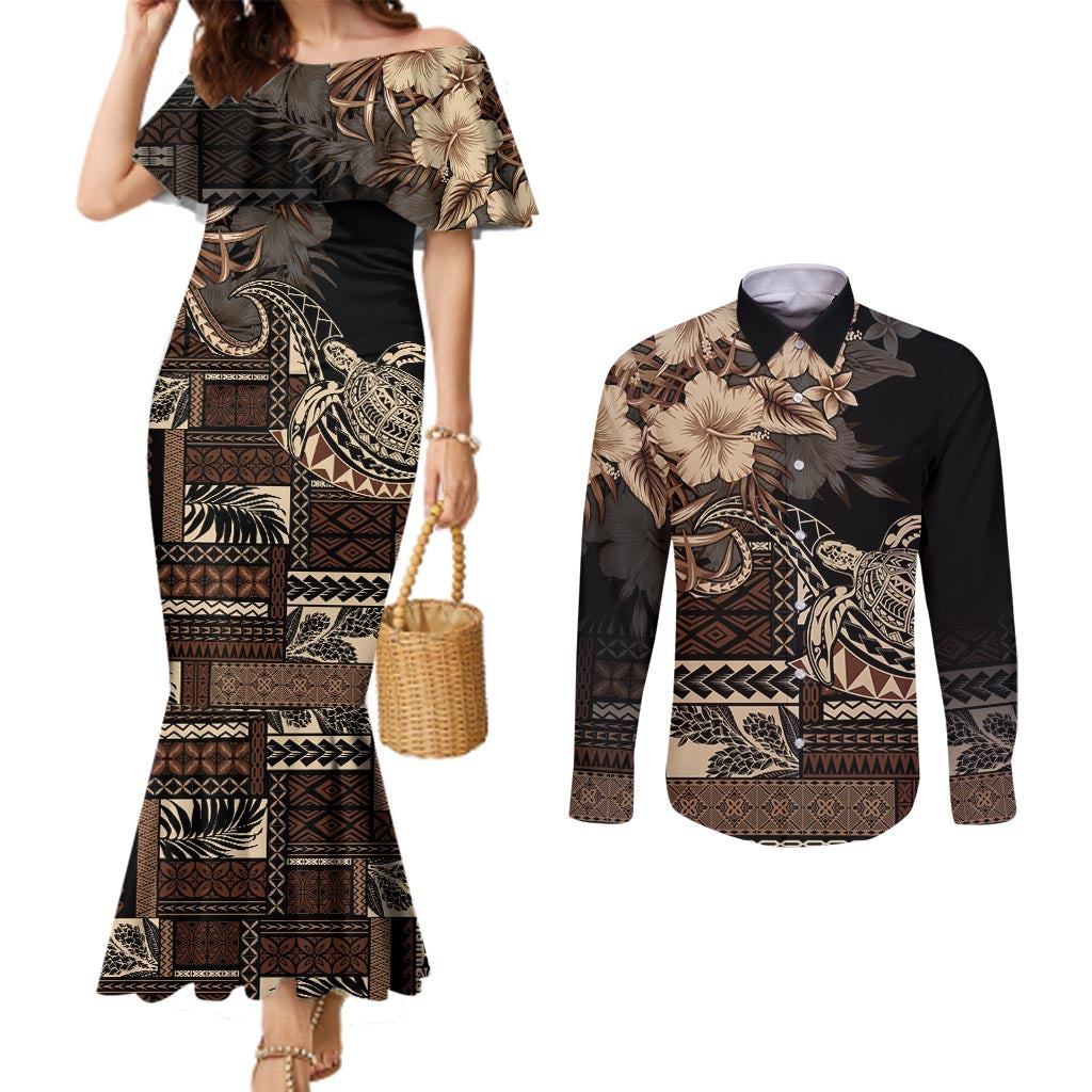 Vaiaso o le Gagana Samoa Couples Matching Mermaid Dress and Long Sleeve Button Shirt Siapo Motif Black