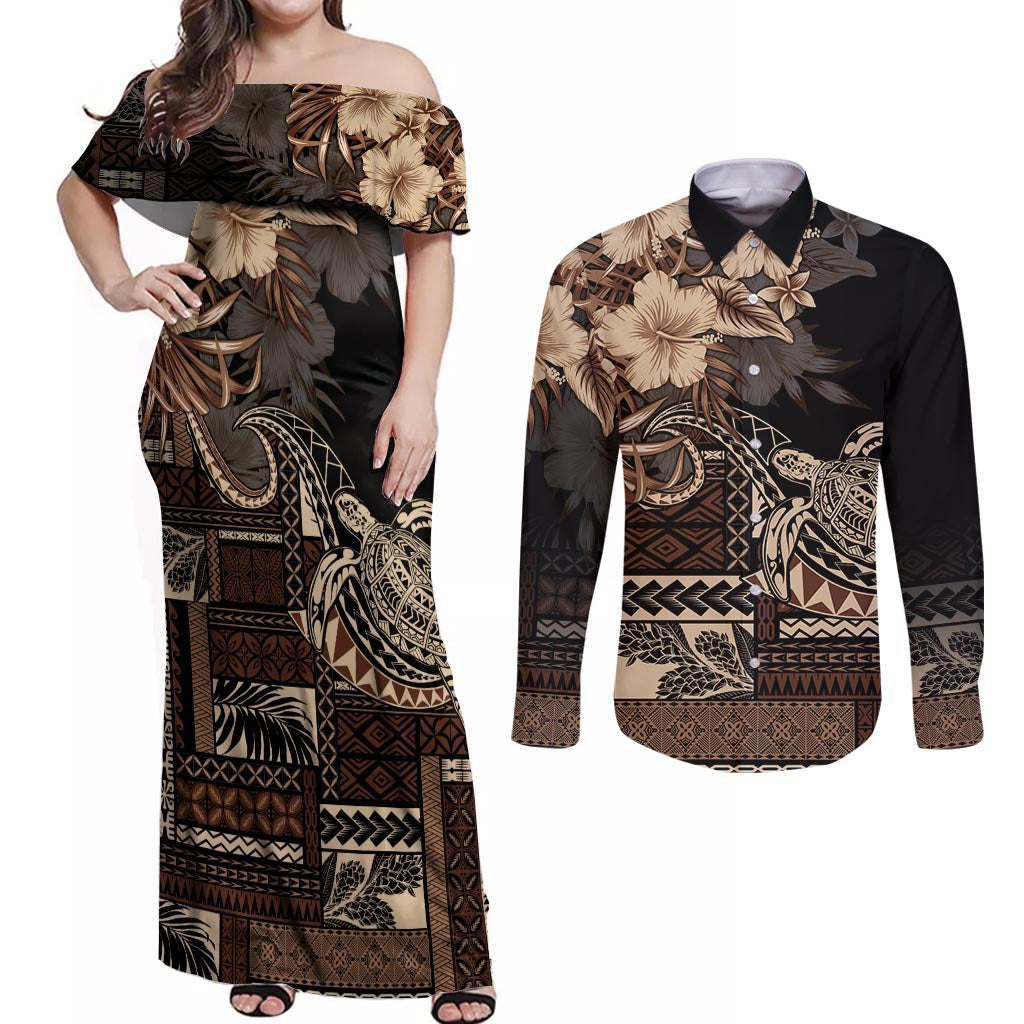 Vaiaso o le Gagana Samoa Couples Matching Off Shoulder Maxi Dress and Long Sleeve Button Shirt Siapo Motif Black