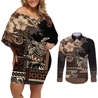 Vaiaso o le Gagana Samoa Couples Matching Off Shoulder Short Dress and Long Sleeve Button Shirt Siapo Motif Black