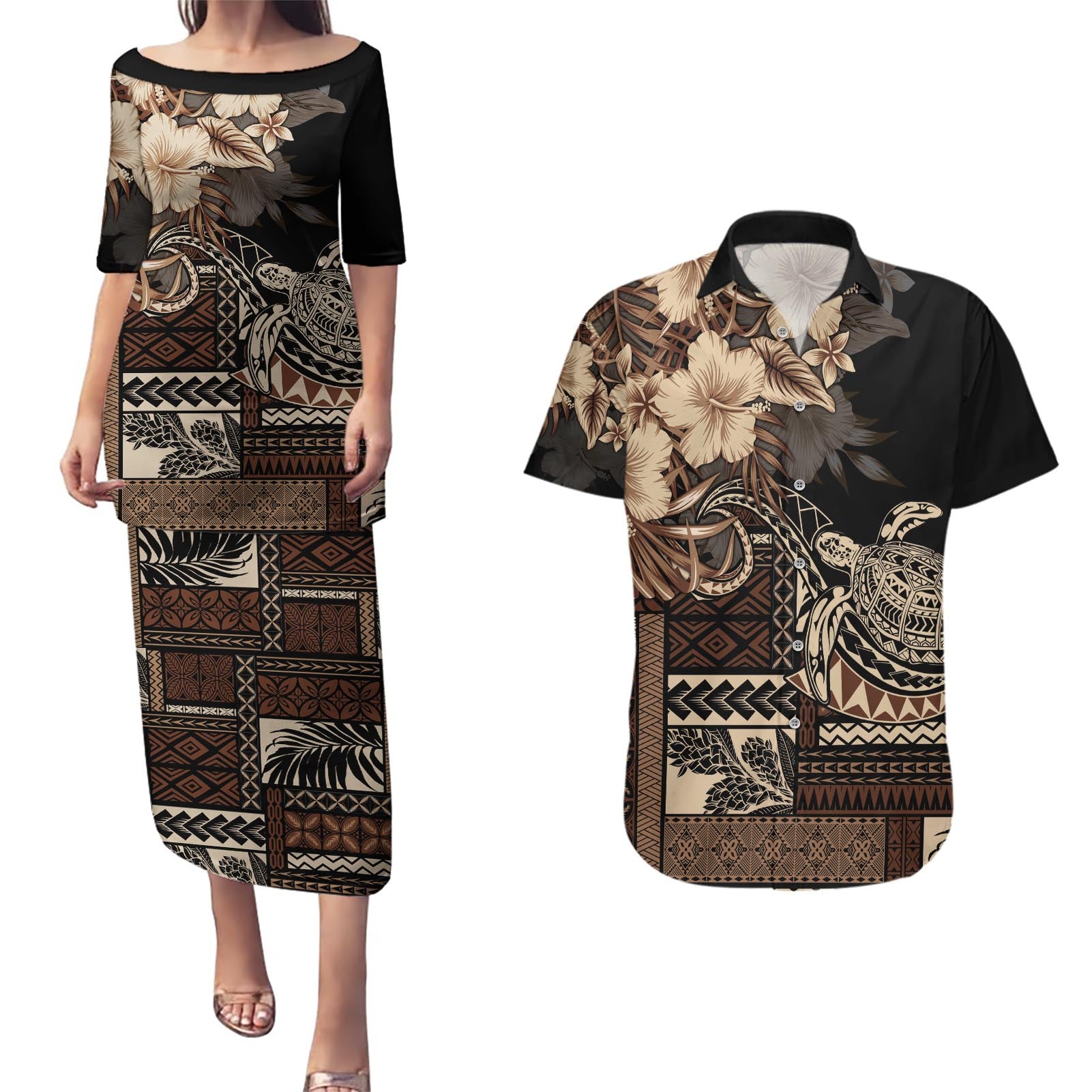 Vaiaso o le Gagana Samoa Couples Matching Puletasi and Hawaiian Shirt Siapo Motif Black