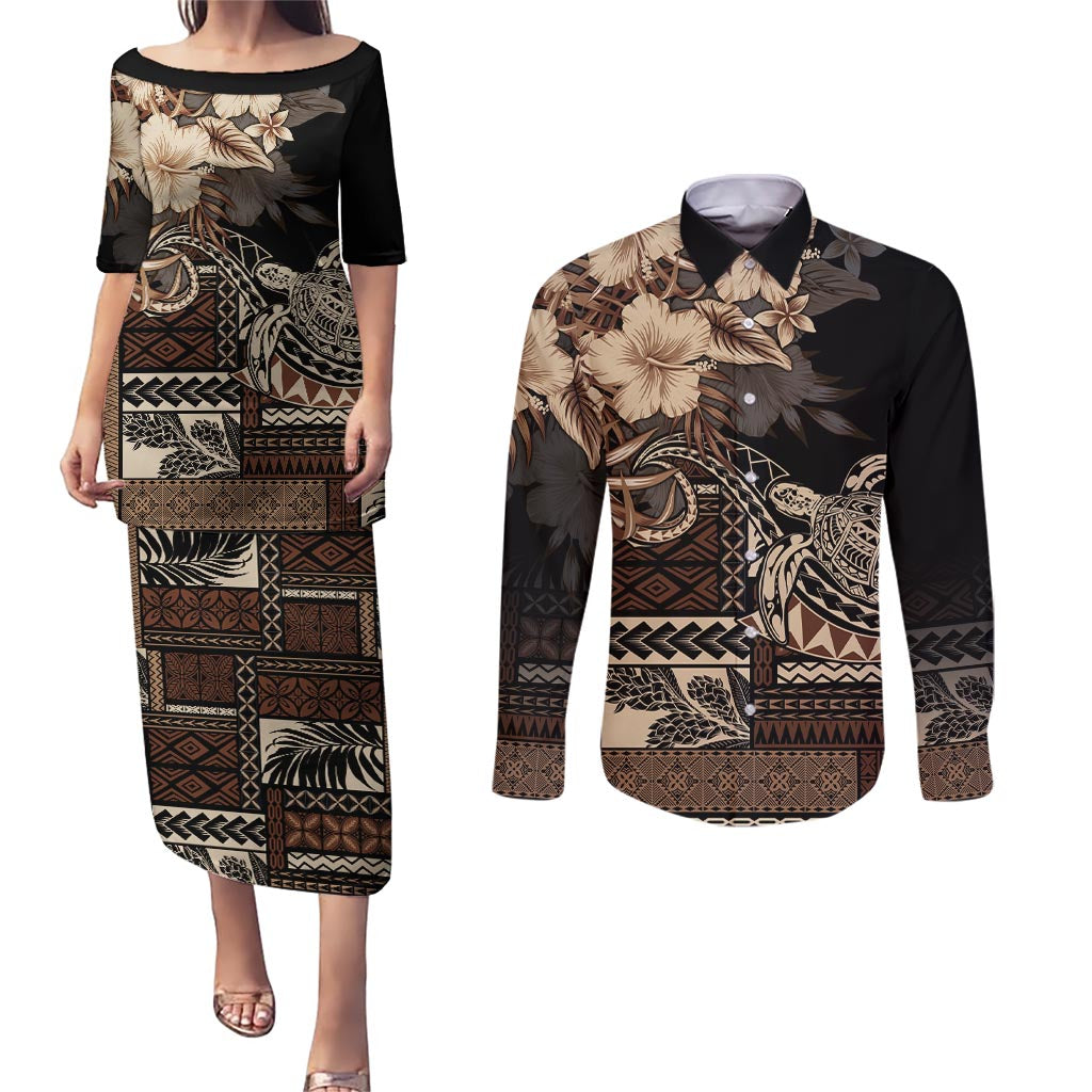 Vaiaso o le Gagana Samoa Couples Matching Puletasi and Long Sleeve Button Shirt Siapo Motif Black