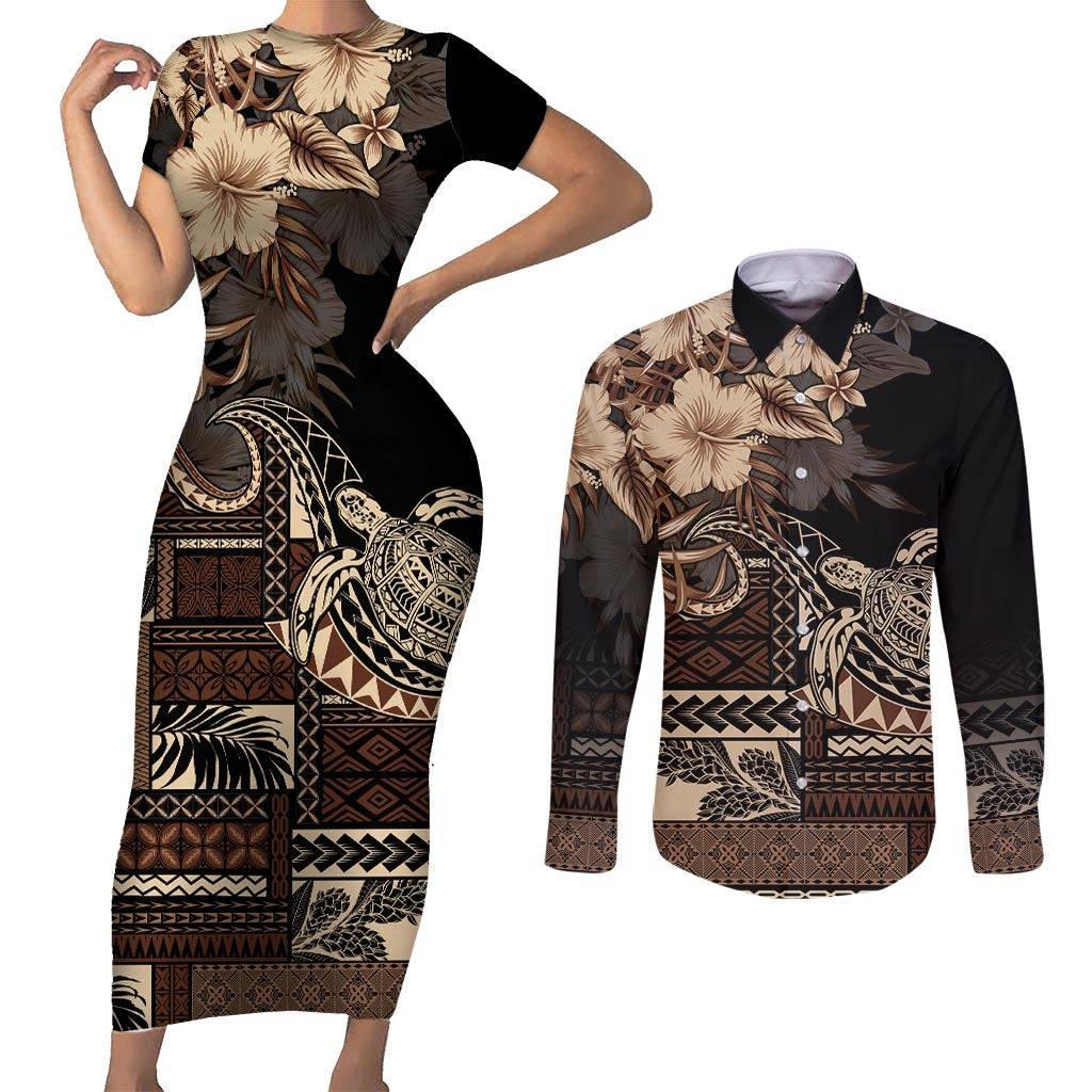 Vaiaso o le Gagana Samoa Couples Matching Short Sleeve Bodycon Dress and Long Sleeve Button Shirt Siapo Motif Black