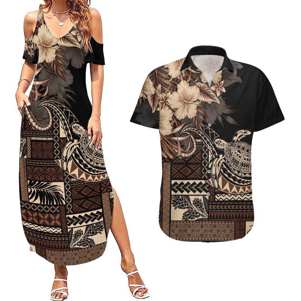 Vaiaso o le Gagana Samoa Couples Matching Summer Maxi Dress and Hawaiian Shirt Siapo Motif Black