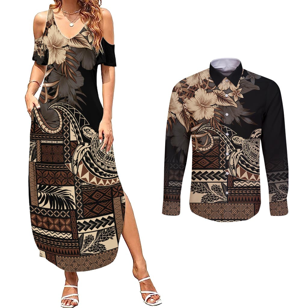 Vaiaso o le Gagana Samoa Couples Matching Summer Maxi Dress and Long Sleeve Button Shirt Siapo Motif Black