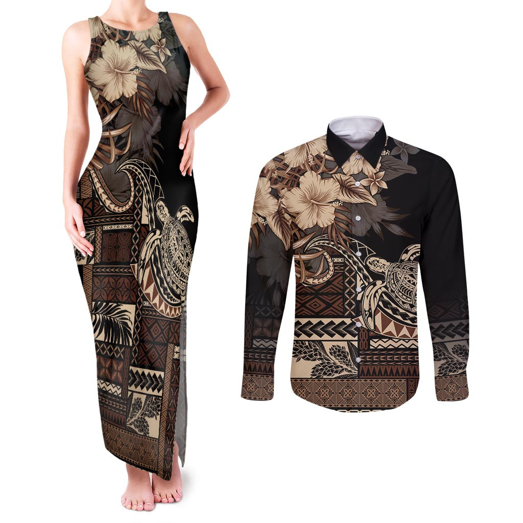 Vaiaso o le Gagana Samoa Couples Matching Tank Maxi Dress and Long Sleeve Button Shirt Siapo Motif Black