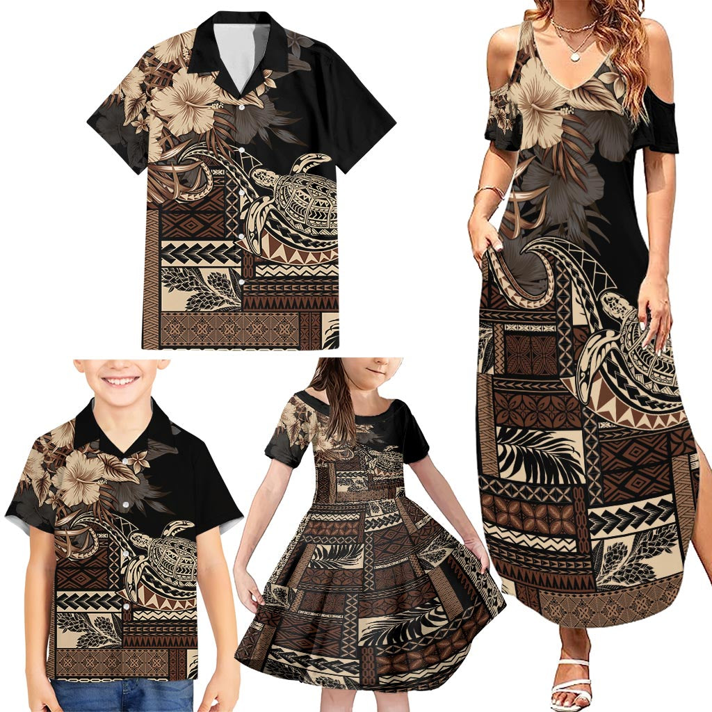 Vaiaso o le Gagana Samoa Family Matching Summer Maxi Dress and Hawaiian Shirt Siapo Motif Black