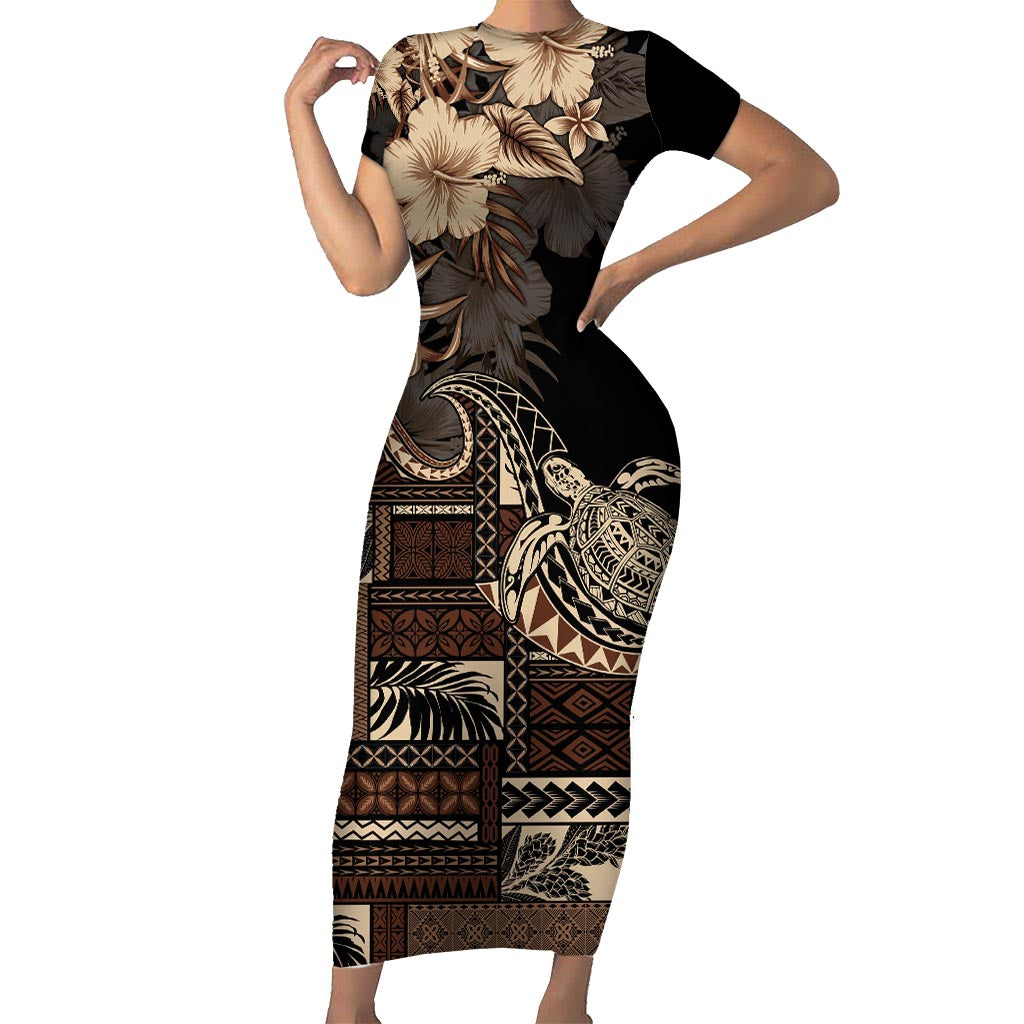 Vaiaso o le Gagana Samoa Short Sleeve Bodycon Dress Siapo Motif Black