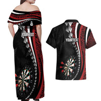 Personalized New Zealand Darts Couples Matching Off Shoulder Maxi Dress and Hawaiian Shirt Kowhaiwhai Whero Koiri - Manaia