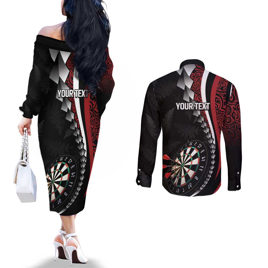 Personalized New Zealand Darts Couples Matching Off The Shoulder Long Sleeve Dress and Long Sleeve Button Shirt Kowhaiwhai Whero Koiri - Manaia