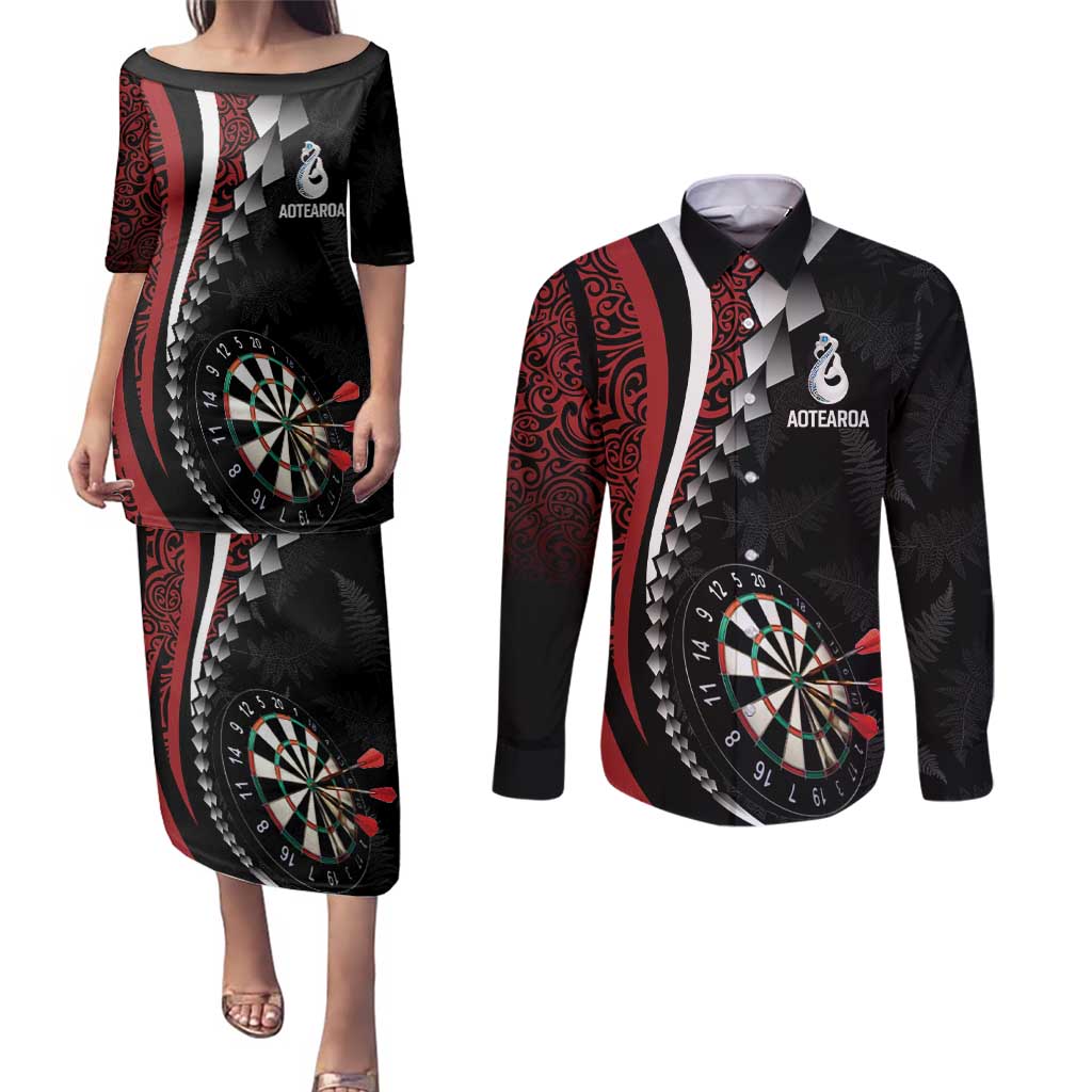 Personalized New Zealand Darts Couples Matching Puletasi and Long Sleeve Button Shirt Kowhaiwhai Whero Koiri - Manaia