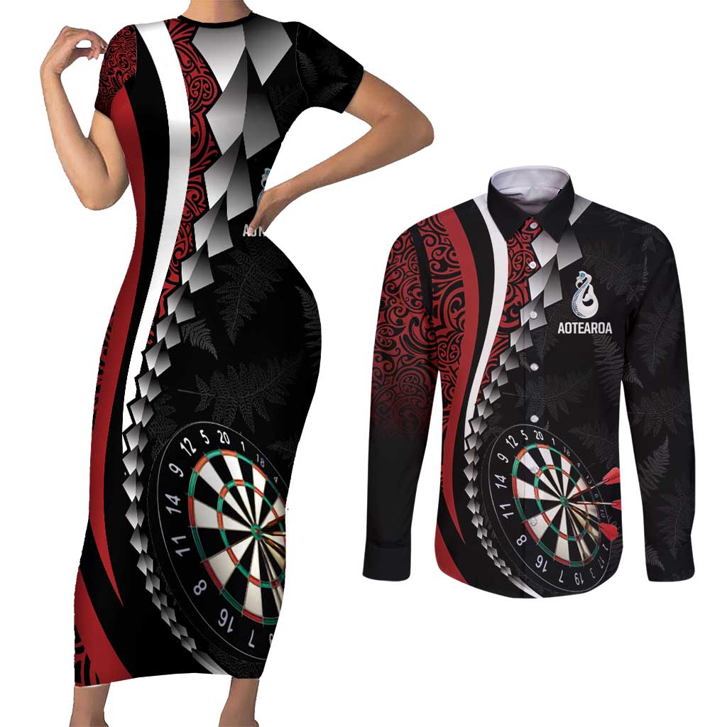 Personalized New Zealand Darts Couples Matching Short Sleeve Bodycon Dress and Long Sleeve Button Shirt Kowhaiwhai Whero Koiri - Manaia