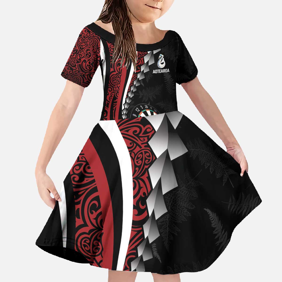 Personalized New Zealand Darts Family Matching Off The Shoulder Long Sleeve Dress and Hawaiian Shirt Kowhaiwhai Whero Koiri - Manaia