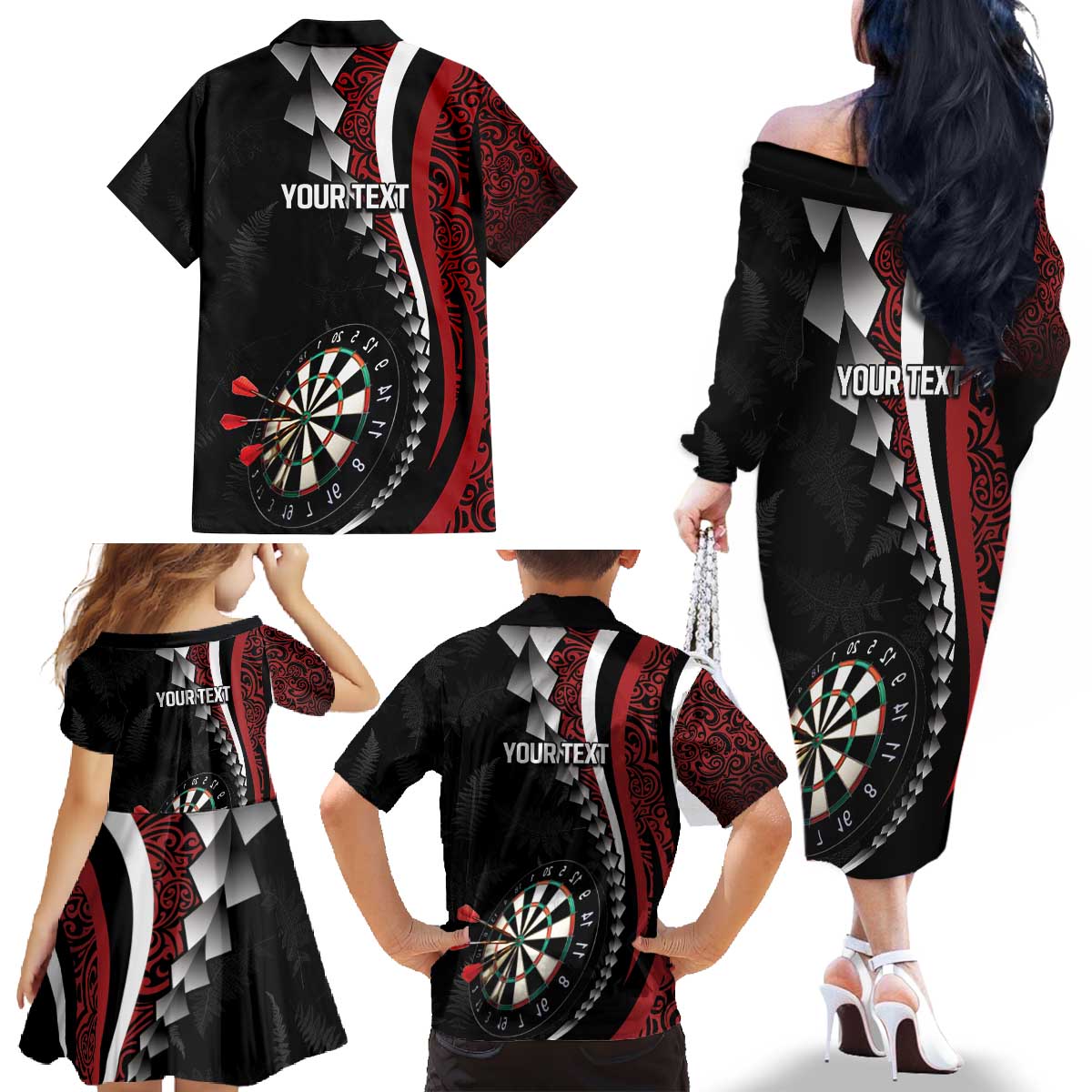 Personalized New Zealand Darts Family Matching Off The Shoulder Long Sleeve Dress and Hawaiian Shirt Kowhaiwhai Whero Koiri - Manaia