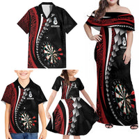 Personalized New Zealand Darts Family Matching Off Shoulder Maxi Dress and Hawaiian Shirt Kowhaiwhai Whero Koiri - Manaia